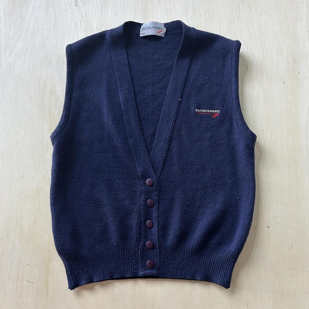 Vintage British Airways Sweater Vest Mens Small Blue V Neck Tight Knit Logo